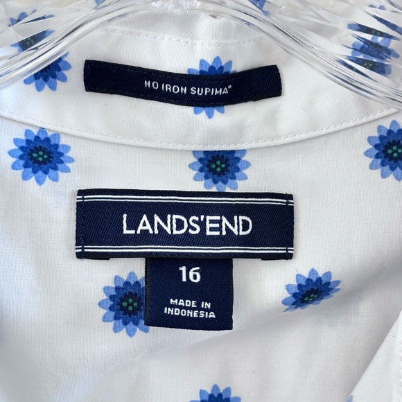 Lands' End Women's Front Button White w/ Blue Pattern SZ 16 Blouse Long Sleeve - Picture 10 of 11